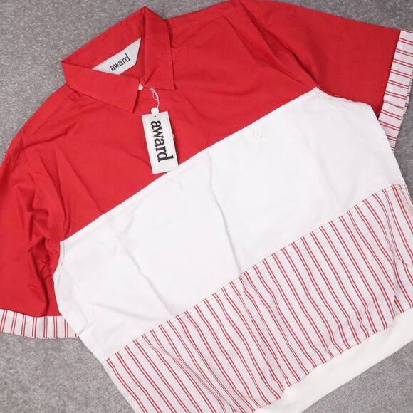 VTG 80s 90s Award Deadstock Large Red White Striped Short Sleeve Collared Shirt - Picture 9 of 11